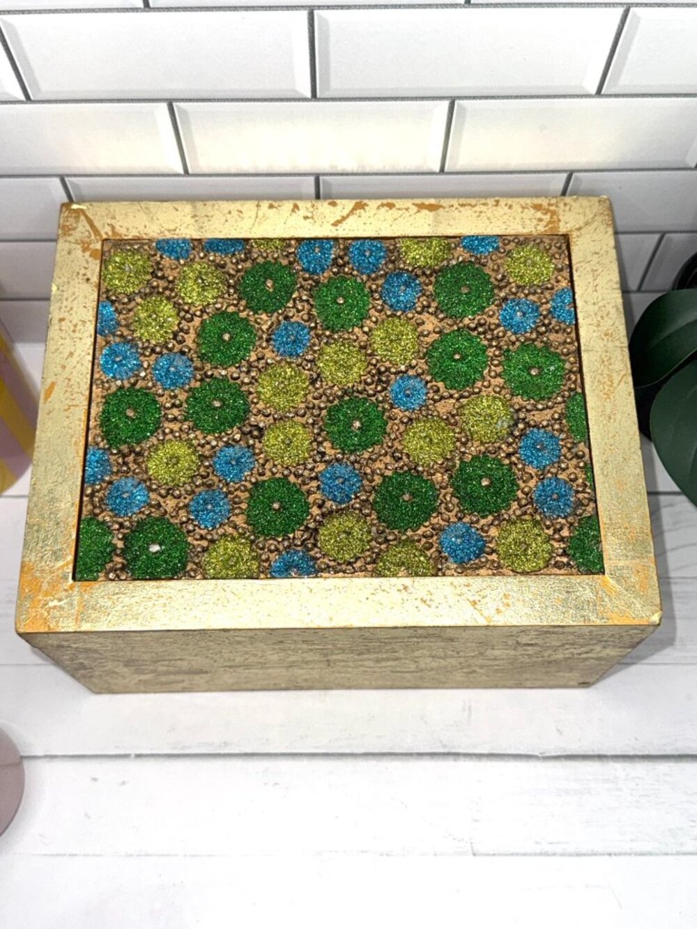 Boho Holiday Decorative Gold Box With Glittered Green & Blue Detailing - Picture 4 of 10